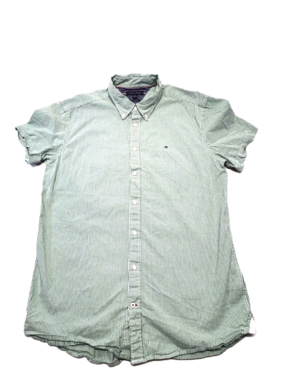 Tommy Hilfiger Short Sleeve Button Down Shirt Mint Green Seersucker Stripe XXL